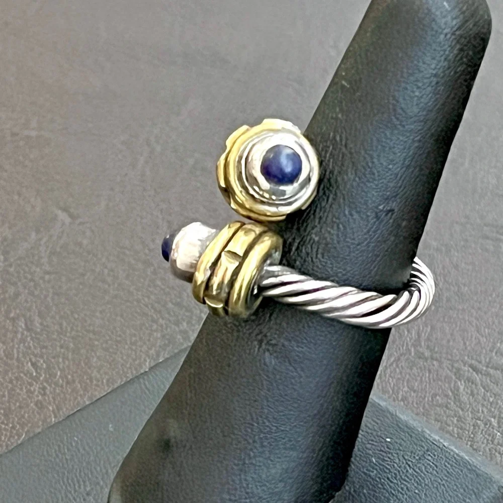 Vintage Taxco Mexico sterling silver brass and lapis cable bypass ring